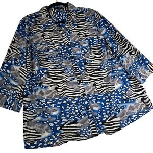 Notations Woman 3X Blue Zebra Leopard Print Button Blouse Plus WPOB0218